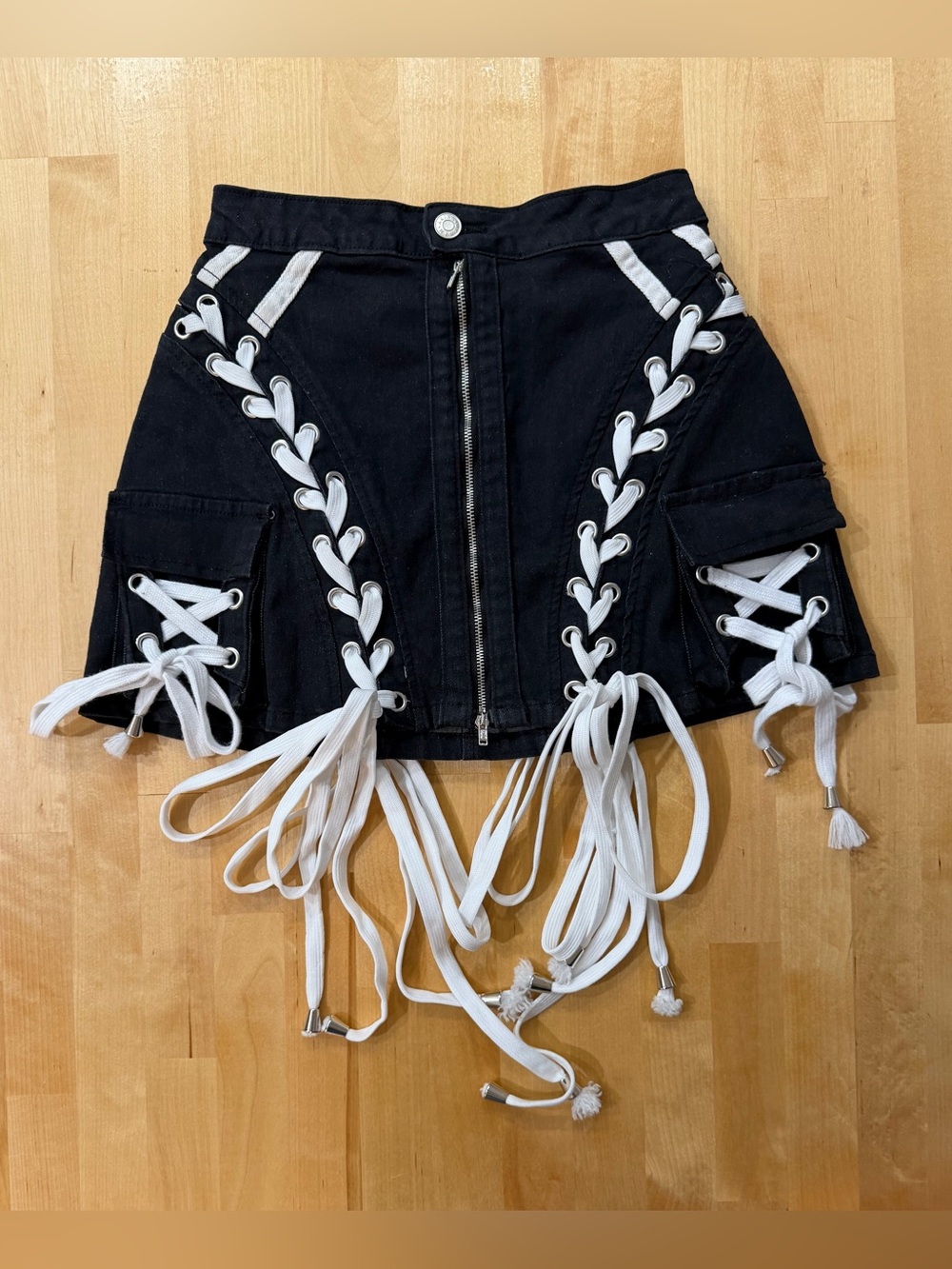 THE AKIRA LABEL Wrapped Up Lace Up Black Denim Mini Skirt